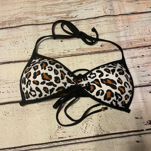 Guess Bikini Top Womens Small Animal Print Leopard Brown Tan Swim Bra Beach Pool - Picture 1 of 6